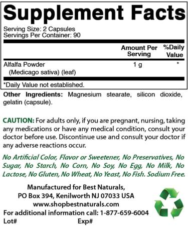 Best Naturals Alfalfa Green Super Food 500 mg 180 Capsules (180 Count (Pack of 2)) - Buy Online on GoSupps.com