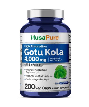 NusaPure Gotu Kola Capsules 20:1 Extract 200 mg Equivalent to 4000mg Per Veggie Caps 200 Count Non-GMO Vegan Bioperine - Traditional Herb Extract