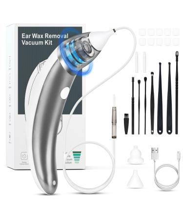 Ear Vacuum Wax Remover Ear Wax Removal 5 Levels Strong Suction Ear Wax Remover USB Charge Ear Wax Vacuum Reusable Ear Wax Removal Kit Electric Ear Wax Remover for Adults and Kids(Grey) Gray