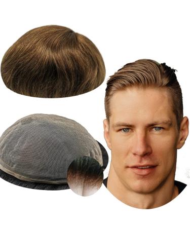 Real hair toupet for men yanahair smooth hair thin French tip bleached knot natural hairline wigs hair system European real hair toupet wig man (10x8 " #4 light brown)