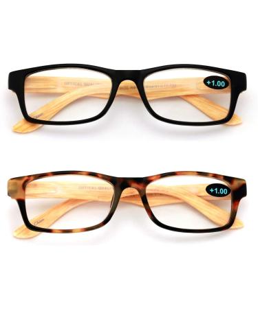 V.W.E. Wood Grain Printed Temple Arm Reading Glasses - 2 Pairs Black & Tortoise 2.0x - Stylish Spring Hinge Readers for Men & Women - Buy Online on GoSupps.com