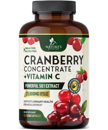 Cranberry Supplement Pills 25 000mg - High Potency Vitamin C Cranberry for Women & Men Urinary Tract Health Support Sugar Free Gluten Free Non-GMO Cranberry Concentrate Extract - 120 Capsules 120 Count (Pack of 1)