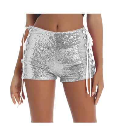 Duohropke women metallic hot pants sequins glitter shorts with high waist sexy short pants shorts for dance sport disco costume carnival carnival xxl 02 silver