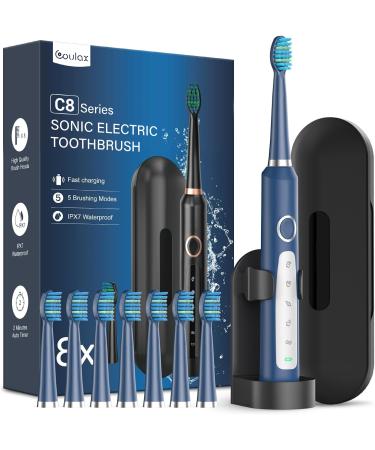Sonic Electric Toothbrush for Adults and Kids - Sonic Toothbrushes with 8 Tooth Brush Replacement Head and 5 Brushing Modes 120 Days of Use with 3-Hour Fast Charge 2 Minute Smart Timer Blue 1 count (Pack of 1)