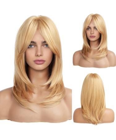 HAIRCUBE Long layered Golden Blonde Wigs for Women, Synthetic Hair Wig with Bangs for White Women