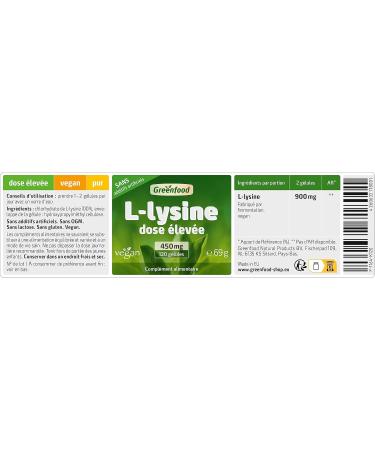 Greenfood L-Lysine 450 mg high dose 120 capsules vegan - amino acid NO artificial additives no genetically modified organisms. - Buy Online on GoSupps.com