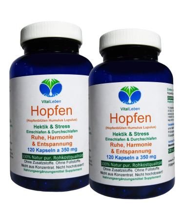 Hops - pure hop flowers (humulus lupulus).240 (2x120) hop flowers powder capsules A 350mg.Rest + relaxation with hectic & stress.Harmony of menopause.Pure nature - without additives.26655-2 240 pieces (1 Pack)