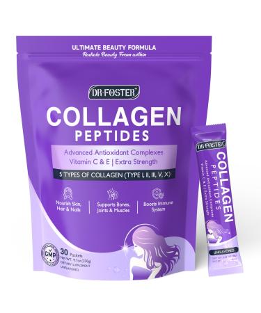 DRFOSTER Collagen-Peptides-Powder-Packets - Multi Type I II III V X Collagen for Women with Antioxidant Blend + Vitamin C & E for Skin Hair Nail & Joint Non-GMO 30 Stick Packs 11.7 Ounce (Pack of 1)