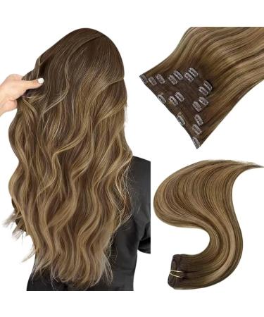 Easyouth Clip in Real Hair Extensions Balayage Brown Hair Clip in Extensions Ombre Brown to Honey Blonde Clip in Hair Extensions Clip in Human Hair 7Pcs 70g 12 Inch 12" 2-7Pcs Clip #4/24/4(#4/27/4)