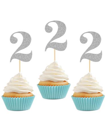 24 PCS Number 2 Cupcake Toppers 2nd Birthday Cupcake Picks Glitter Age Two Cake Picks for Second Happy Birthday Anniversary Baby Shower Party Supplies Silver Number 2 Silver
