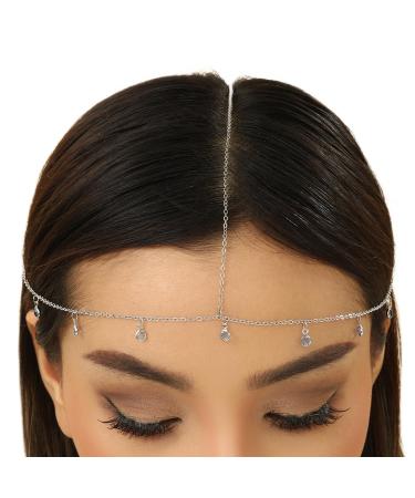 Uoocg Boho Crystal Pendant Head Chain Gold Women's Headband Bridal Headdress Festival Hair Accessories for Women and Girls silver