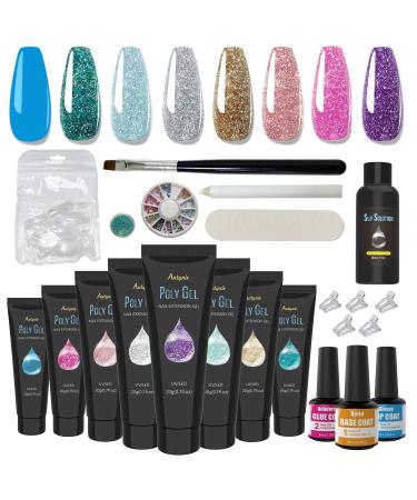 Poly Gel Nail Kit,Autynie 8 Colors All-in-one Nail Extension Builder Gel Enhancement Kit Professional Nail Art Basic Tools for Starter with Rhinestone Glitter French Set Nail Salon Easy Diy at Home
