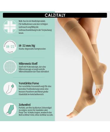Calzitaly 1/2 Toe-Free Compression Stockings | Soft Support 18-22 mmHg | Open Toe | 140 Den | Made in Italy | Skin Color | Size S/M | 2 Pack - Buy Online on GoSupps.com