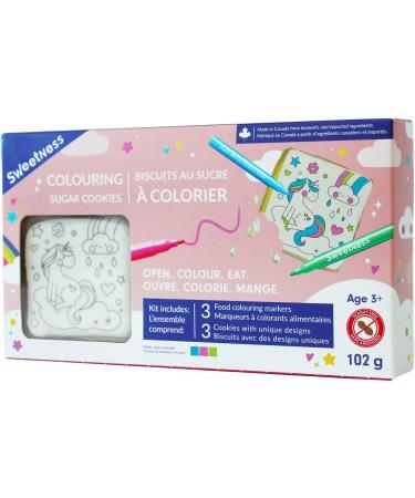 Sweetness Colouring Sugar Cookie Kit (Unicorns) | 3 Delicious Sugar Cookies & 3 Food Colouring Markers | Prep Mess and Chaos Free Cookie Decorating | 102g per kit 3 Cookies 3 Markers Unicorn Theme - Buy Online on GoSupps.com