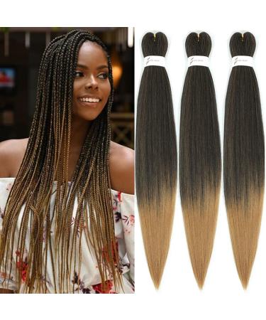 WIGENIUS Pre-stretched Braiding Hair 26 inch Ombre Brown 3 Packs Professional Synthetic Fiber Itch Free Hot Water Setting Crochet EZ Braids Yaki Texture Braiding Hair Extensions (T27) 26 Inch (Pack of 3) T1B/27
