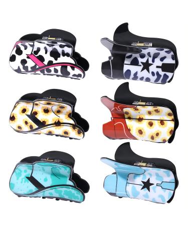 Vokone 6 Pack Western Cowboy Hair Claw Clips Leopard Star Cowgirl Boot Hat Jaw Hair Clip for Women Cowgirl Hair Barrette Strong Holder for Thick Hair (Leopard A)