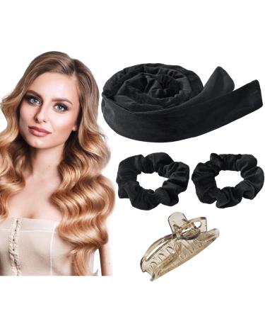 Heatless Hair Curler No Heat Curling Rod Headband Set for Long Hair Velour Curling Ribbon with Hair Clips Soft Sleep in Overnight Curlers for Women Girls Black