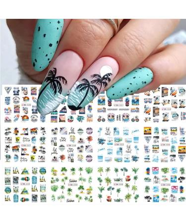 12PCS Summer Nail Art Stickers Decals Coconut Tree Water Transfer Nail Decals Seaside Coconut Palm Tree Beach Designs for Nails Supply Watermark DIY Nail Art Foils for Nails Manicure Tips Decor