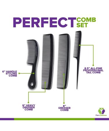 Mars Wellness Professional Comb Set - USA Made Fine Tail Combs for Hair Styling - 4 Piece Set Black - Buy Online on GoSupps.com