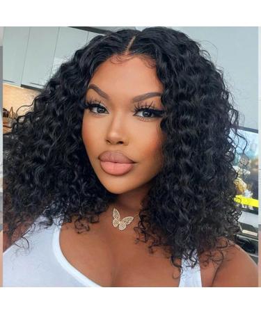 VEGALILY Human Hair Wig 14inch Curly Wigs for Black Women 100% Real Human Hair Glueless Wig Brazilian Human Hair Bob Wigs with Middle Part Lace 14 inch