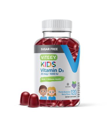 Sugar Free Vitamin D3 Gummies for Kids 25mcg 1000 IU - Bone Health Immune Health Joint Muscle Support - Dietary Supplement Vegetarian Gluten Free Non GMO - Chewable Berry Flavored Gummies 120 Count (Pack of 1)