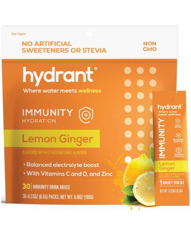 Hydrant Immunity Vitamins Electrolyte Powder - Supplement with Vitamin C, B12, B6, Zinc - Immune, Hydration, & Energy Support  Hydration Powder Stick Packets (Lemon Ginger, 30 Count) Lemon Ginger 30 Count (Pack of 1)
