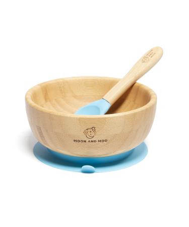 Moon and Moo Bamboo Suction Bowl and Spoon Set for Kids Toddlers and Baby Weaning - Non-Toxic Plastic Free - Stay Put - Baby Suction Bowl - Baby Weaning Set Blue