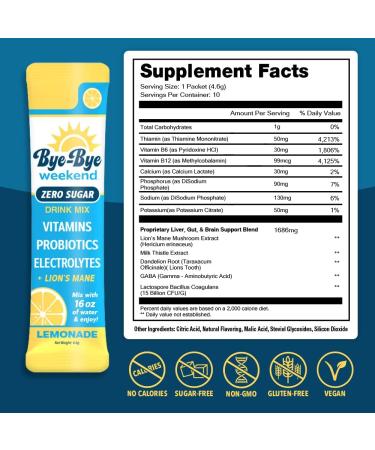 Bye-Bye Weekend Lemonade Drink Mix - Electrolytes, Probiotics, Vitamins - Fight Fatigue & Brain Fog - Zero Sugar - 10 Count - Buy Online on GoSupps.com