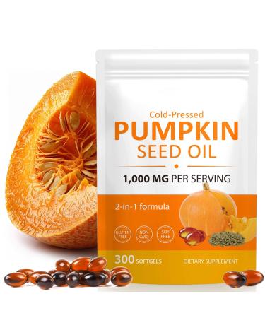 Pumpkin Seed Oil Capsules Cold Pressed Pure Virgin Pumpkin Seed Oil Softgels Essential Omega-3/6 Fatty Acids Phytosterols Vitamin E Supports Hair Health Prostate Function - 300 Softgels