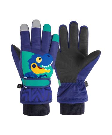 Kids Waterproof Winter Gloves Warm Snow Gloves Boys Girls Ski Gloves Toddler Mittens Windproof Y Navy-Dinosaur S (3-6 years old)