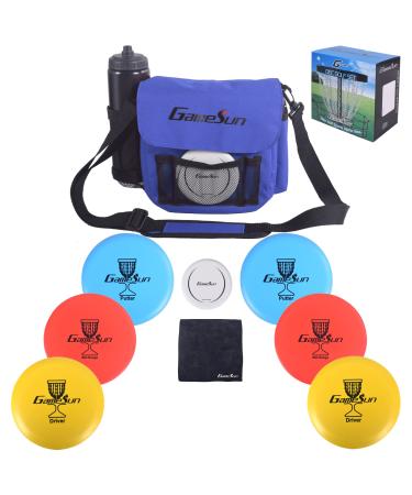 DISC Golf Set-Includes 1pc Heavy Duty Nylon Carry Bag, 2pcs Drivers, 2pcs Mid-Ranges, 2pcs Putters, 1pc Mini Disc Marker, 1pc 12x12 Embroider Logo Black Towel and 1pc Gift Color Box Blue