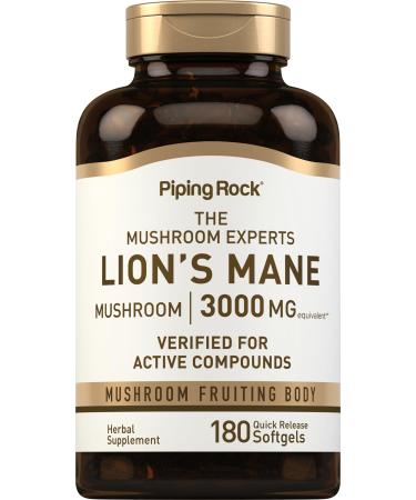 Piping Rock Lions Mane Supplement | 3000mg | 180 Softgel Capsules | Mushroom Fruiting Body Extract | Non-GMO Gluten Free