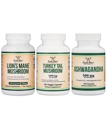 Double Wood Supplements Lion's Mane Mushroom 120 Count Turkey Tail 120 Count Ashwagandha 120 Count