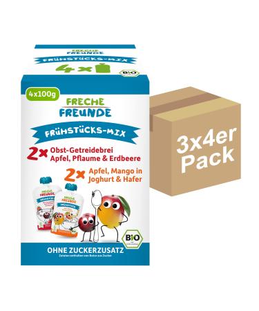 FRECHE FREUNDE organic squeezies with cereal breakfast mix squeezable pouches for babies from 10 months vegan pack of 3 3 x (4 x 100g)
