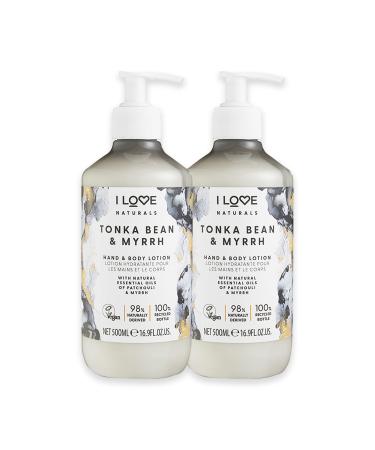 I LOVE Naturals Tonka Bean and Myrrh Hand and Body Lotion - Moisturizing Body and Hand Cream for Dry Skin - Coconut Oil and Shea Butter - 2 pc