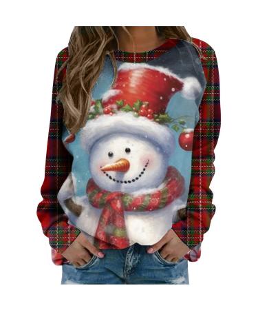 Women's Christmas Sweatshirts Cute Snowman Penguin Print O-Neck Raglan Top Shirt Pullover Comfy Warm Xmas Jumper Winter Long Sleeve Tops Loose Tunic Top Sweaters Light Blue XXL