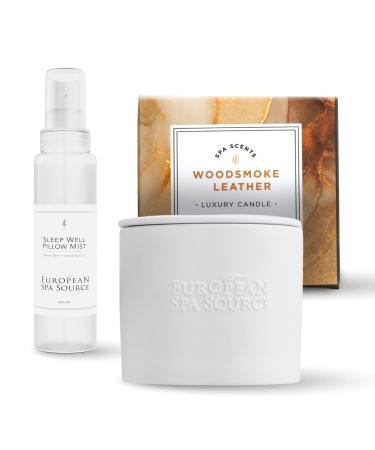 European Spa Source Woodsmoke Tranquility Bundle: SleepWell Eucalyptus + Lavender Pillow Spray & Woodsmoke + Leather Candle 4 Fl Oz