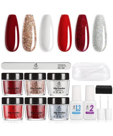 Beetles 6 Colors Dip Powder Nail Kit Starter, Candy Cane Dipping Powder Set Glitter Red Sparkle Colors Snow White Silver Nail Powder Valentine's Day Gifts kit with Base Top Coat Activator Brush Saver A-Candy Cane II