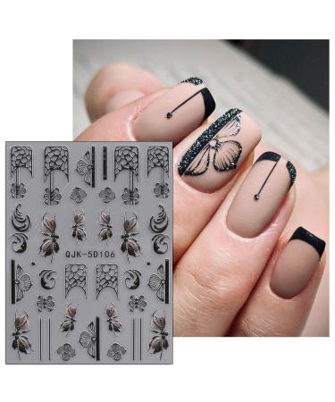 JMEOWIO 3D Embossed Black White Flower Nail Art Stickers - Self-Adhesive 5D Leaves Lace Decals | 4 Sheets Nail Design Accessories for Stunning Nail Art - Buy Online on GoSupps.com