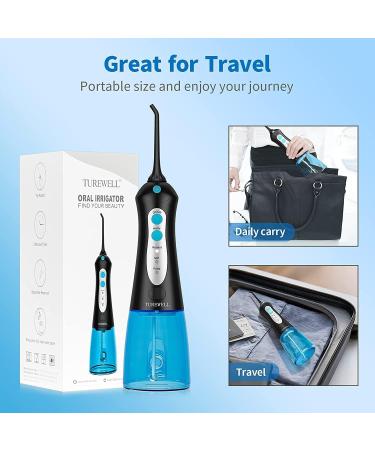 TUREWELL FC1592 Water Flosser for Teeth - Cordless, 300ML Water Tank, Portable Oral Irrigator, IPX7 Waterproof, 3 Modes, 4 Jet Tips - Black - Buy Online on GoSupps.com