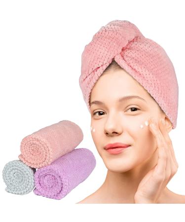 Qioo Microfiber Hair Towel, Hair Towel – 3 Pack 10 × 26 inch, Microfiber Hair Towel Wrap, Ultra Absorbent and Soft Dry Hair Hat, Fast Drying Hair Turbans for Women Blue, Pink, Purple