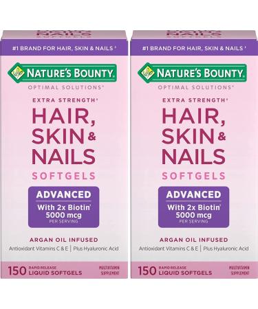Nature's Bounty Hair Skin & Nails Rapid Release Softgels Argan-Infused Vitamin Supplement with Biotin and Hyaluronic Acid Supports Hair Skin and Nail Health for Women 150 Count (Pack of 2)