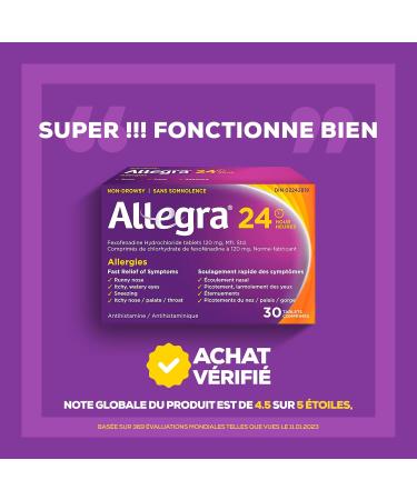Allegra 24 Hour Allergy Medication Non Drowsy Fast and Effective Multi-Symptom Allergy Relief Medicine for Sneezing Watery Eyes and Itchy Throat Fexofenadine Hydrochloride 120 mg 30 Tablets 30 Count (Pack of 1) - Buy Online on GoSupps.com