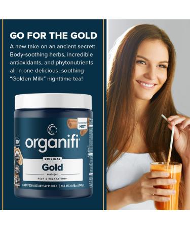 Organifi Gold Superfood Supplement Powder - 30 Servings - Stress Support, Better Rest, Relaxation, and Sleep - Turmeric and Reishi Infused - 6.98oz - Buy Online on GoSupps.com