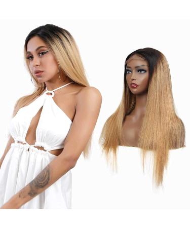 Arenshxc Closure WIG 4x4 Ombre Real Hair Perckes for Women #1b/27 Straight Brasilian Virgin Hair Wig Pre Plucked with Natural Hairline Swiss Lace Ombre Wig 20 Inch