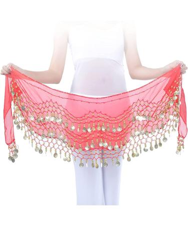 Womens Belly Dance Hip Scarf & Chiffon Towel - Red Coin Belt Costume with Sequins | International Shipping - Buy Online on GoSupps.com