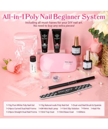 Modelones Poly Extension Gel Nail Kit - Nude & White Colors | Builder Extension Gel Set with Mini Nail Lamp, Slip Solution, Rhinestones | French DIY Nail Art Design Beginner Kit - A-Light Apricot - Buy Online on GoSupps.com