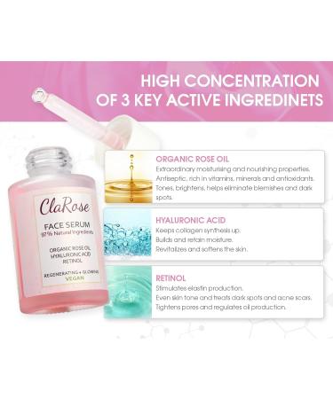 ClaRose Hyaluronic Acid Anti-Aging Face Serum with Natural Rose Oil & Retinol - 30ml | Youthful Skin Hydration & Glow - Buy Online on GoSupps.com