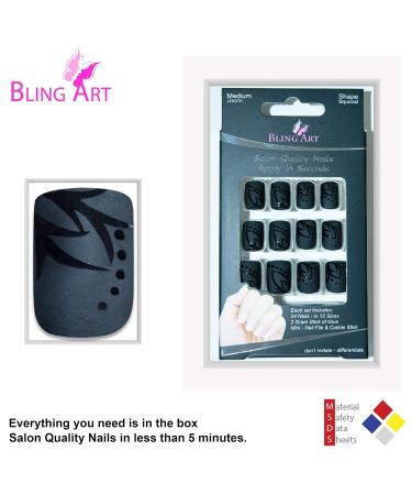 Shop Bling Art Black Leaf Matte French Squoval False Nails - 24 Stylish Fake Nail Tips for Perfect Manicure - Buy Online on GoSupps.com
