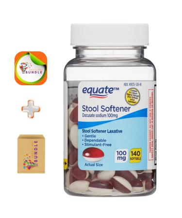 Equate Stool Softener Laxative Softgels 100mg - Effective Gentle Constipation Relief Easy-to-Swallow 140 Count Pack for Regular Digestive Support + CreateAndBundle Sticker